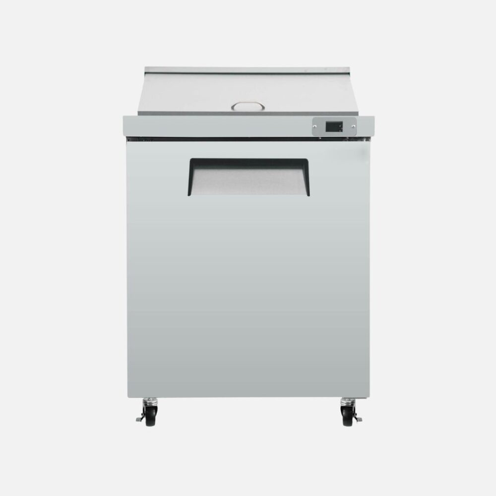 Hurakan HKN-SPT28R1S one-door sandwich prep table with cutting board and stainless steel exterior