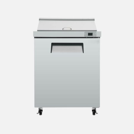 Hurakan HKN-SPT28R1S one-door sandwich prep table with cutting board and stainless steel exterior