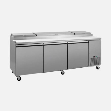 Hurakan HKN-PZ94R3D stainless-steel triple-door pizza prep table with refrigerated base and 12-pan top