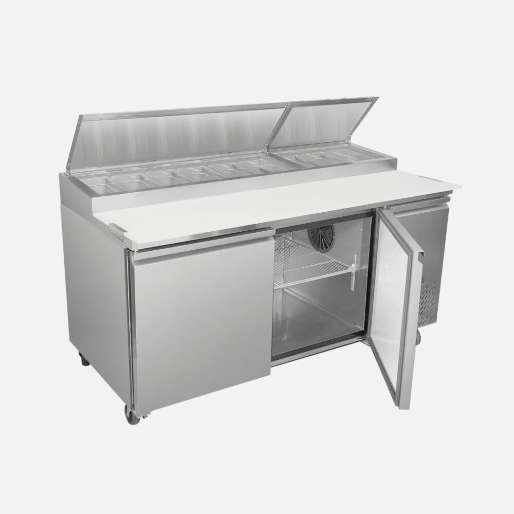 Hurakan HKN-PZ70R2S stainless-steel double-door pizza prep table with refrigerated base and 9-pan top