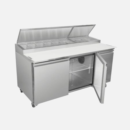 Hurakan HKN-PZ70R2S stainless-steel double-door pizza prep table with refrigerated base and 9-pan top