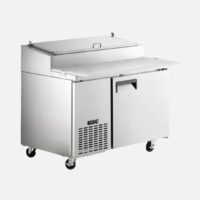 Hurakan HKN-PZ50R1E stainless steel single-door pizza prep table with refrigerated base and 6-pan top