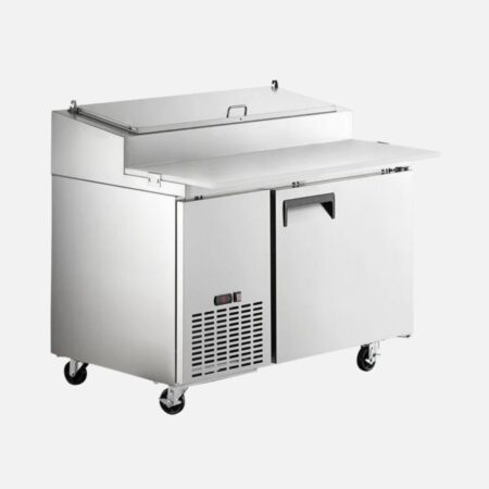 Hurakan HKN-PZ50R1E stainless steel single-door pizza prep table with refrigerated base and 6-pan top