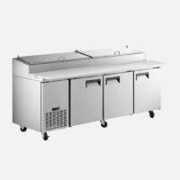 Hurakan HKN-PZ93R3E stainless-steel triple-door pizza prep table with refrigerated base and 12-pan top