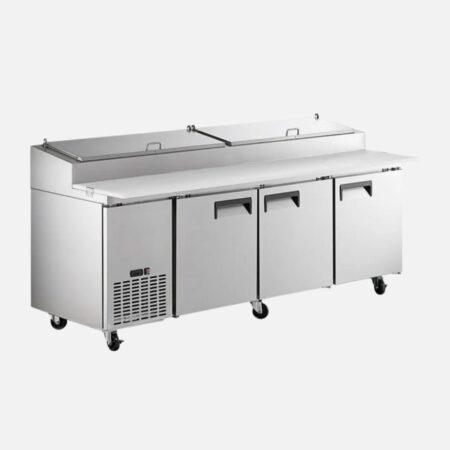 Hurakan HKN-PZ93R3E stainless-steel triple-door pizza prep table with refrigerated base and 12-pan top