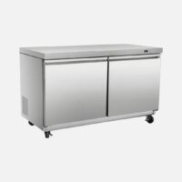 Hurakan HKN-UC60R2S two-door stainless-steel undercounter refrigerator with digital control, ventilated cooling, and bottom-mounted compressor