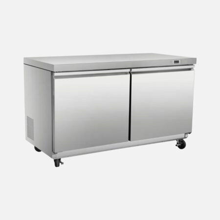 Hurakan HKN-UC60R2S two-door stainless-steel undercounter refrigerator with digital control, ventilated cooling, and bottom-mounted compressor