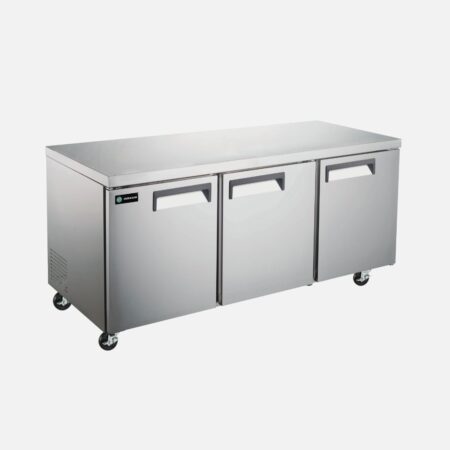 Hurakan HKN-UC72R3E three-door stainless-steel undercounter refrigerator with ventilated cooling and rear-mounted compressor