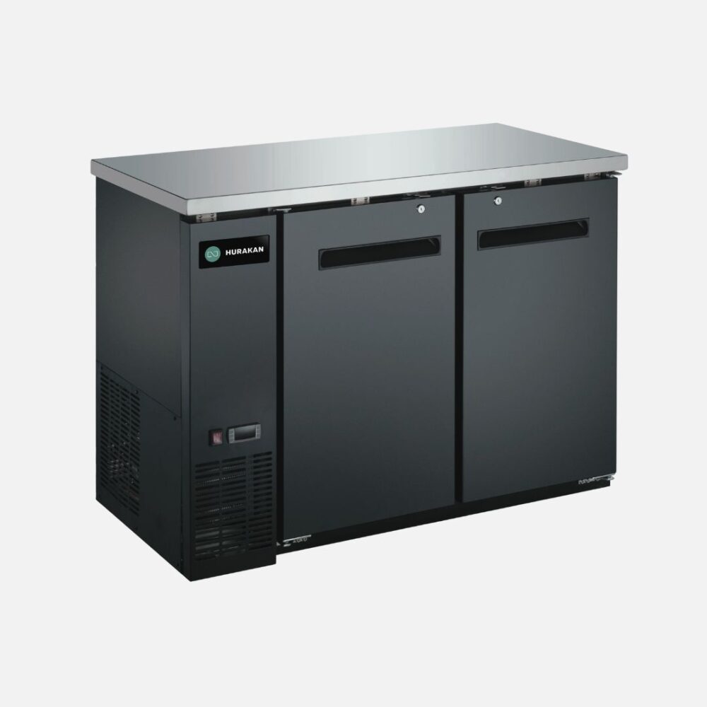 Hurakan HKN-GBB2448 solid-door back bar cooler with black finish and stainless countertop