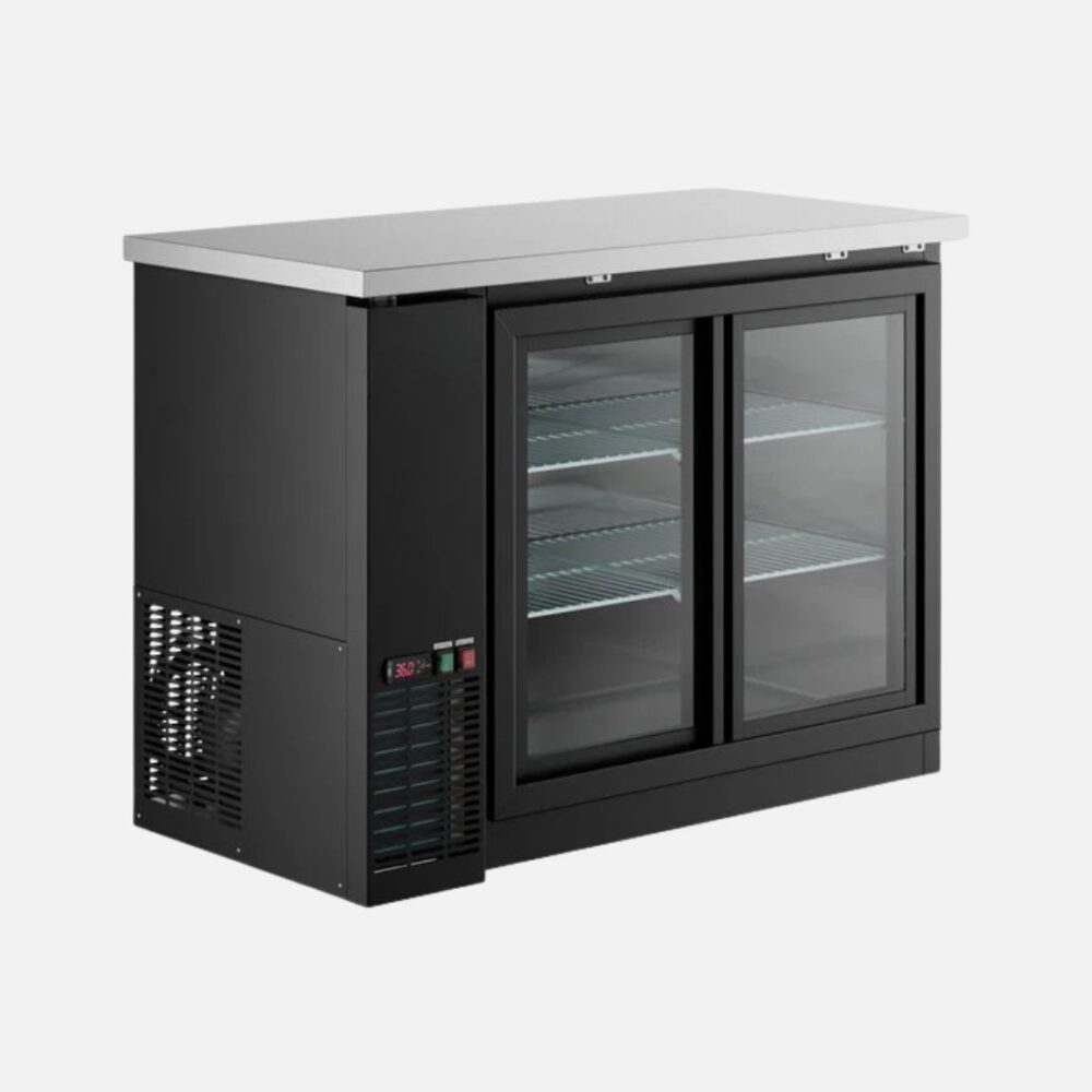 Hurakan HKN-GBB2448G glass swing-door back bar cooler with LED lighting.