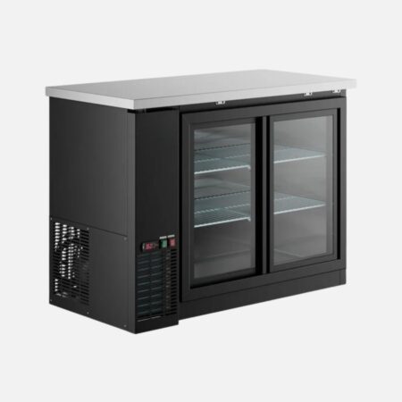 Hurakan HKN-GBB2448G glass swing-door back bar cooler with LED lighting.