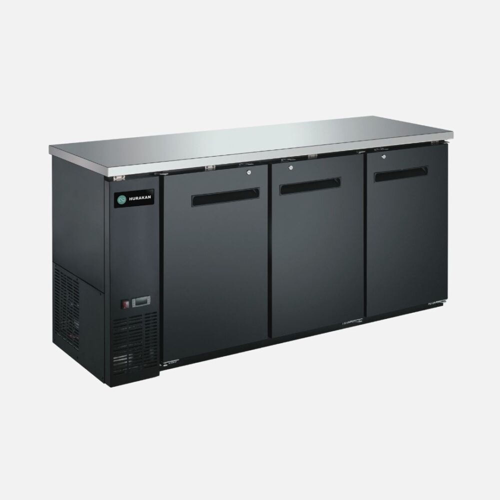 Hurakan HKN-GBB2472C three-door solid back bar cooler with stainless countertop.