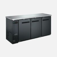 Hurakan HKN-GBB2472C three-door solid back bar cooler with stainless countertop.