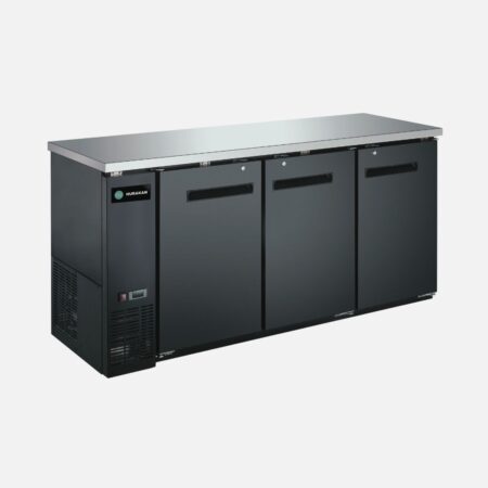 Hurakan HKN-GBB2472C three-door solid back bar cooler with stainless countertop.