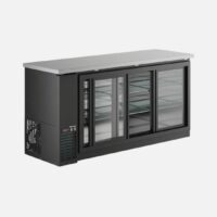 Hurakan HKN-GBB2472GSE sliding-glass three-door back bar cooler with LED illumination.