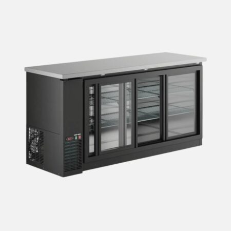 Hurakan HKN-GBB2472GSE sliding-glass three-door back bar cooler with LED illumination.