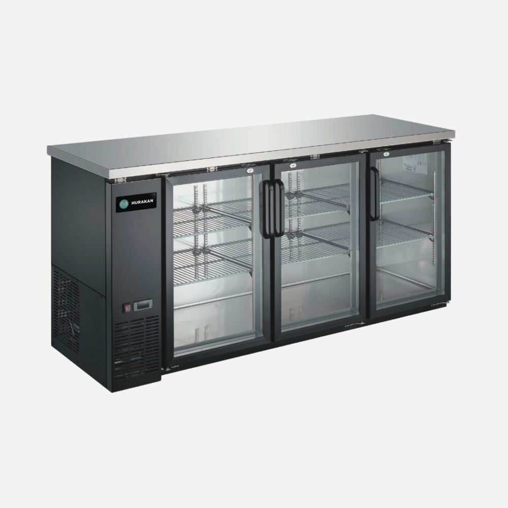 Hurakan HKN-GBB2472G three-door glass swing back bar cooler with LED lighting.