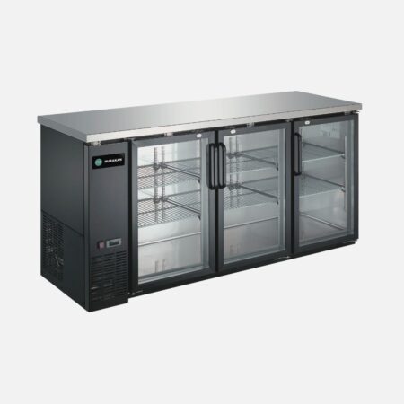 Hurakan HKN-GBB2472G three-door glass swing back bar cooler with LED lighting.