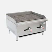 Hurakan HKN-CBG24A 24-inch Gas Countertop Charbroiler with two burners, stainless steel body, and cast iron grates.