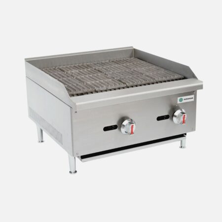 Hurakan HKN-CBG24A 24-inch Gas Countertop Charbroiler with two burners, stainless steel body, and cast iron grates.