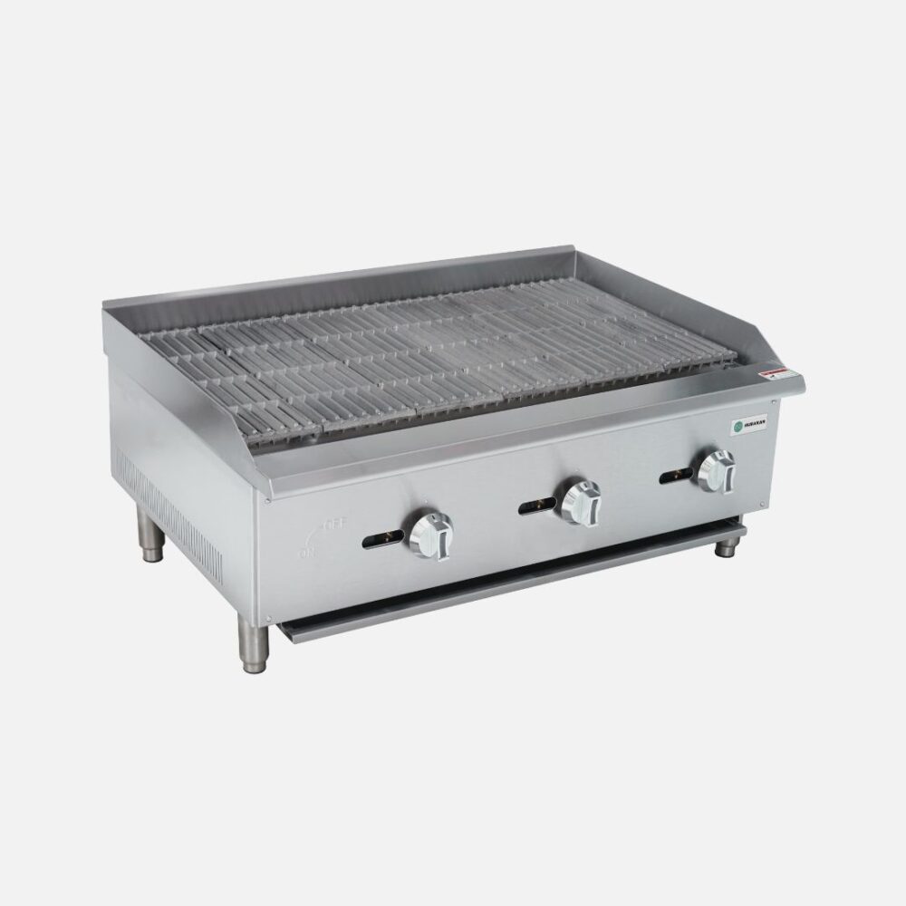 Hurakan HKN-CBG36A 36-inch Gas Countertop Charbroiler with three burners and heavy-duty cast iron grates.