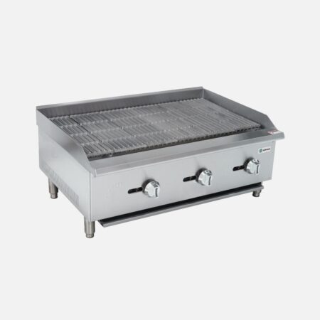 Hurakan HKN-CBG36A 36-inch Gas Countertop Charbroiler with three burners and heavy-duty cast iron grates.