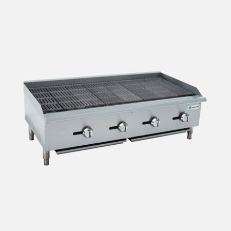 Hurakan HKN-CBG48A 48-inch Gas Countertop Charbroiler with four burners and stainless steel construction.