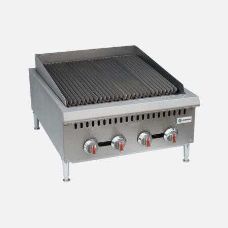 Hurakan HKN-GLB24LA 24-inch Gas Lava Rock Broiler with four 20,000 BTU burners and stainless steel body.