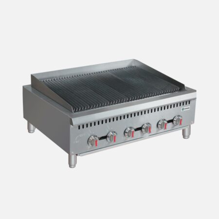Hurakan HKN-GLB36LA 36-inch Gas Lava Rock Broiler with six 20,000 BTU burners and stainless steel construction.