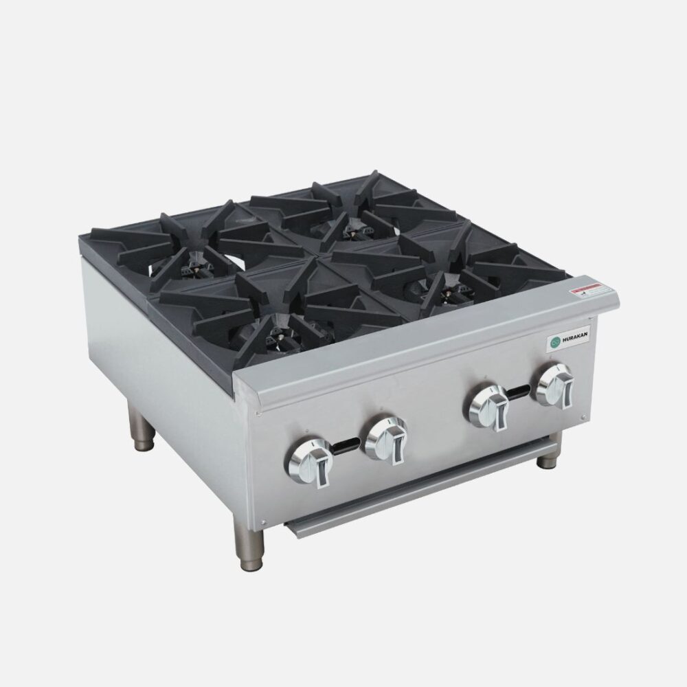 Hurakan HKN-XRCG24-4A 24-inch Gas Hot Plate with four 25,000 BTU burners and stainless steel construction.