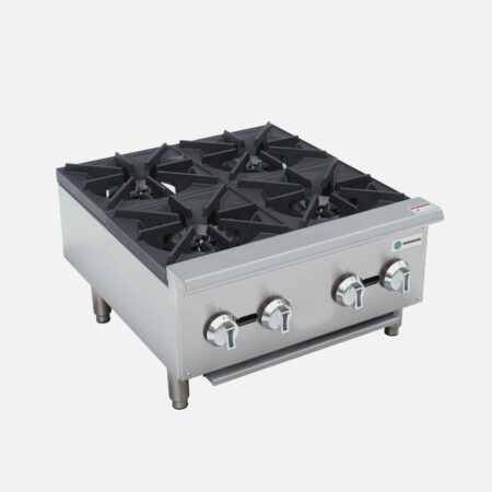 Hurakan HKN-XRCG24-4A 24-inch Gas Hot Plate with four 25,000 BTU burners and stainless steel construction.