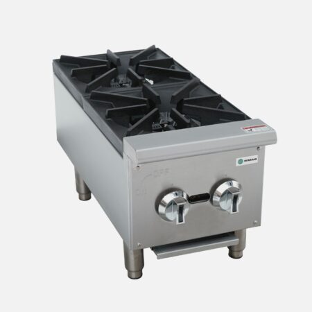Hurakan HKN-XRCG12-2A 12-inch Gas Hot Plate with two 25,000 BTU burners and stainless steel construction.