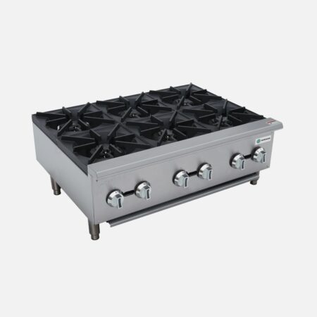 Hurakan HKN-XRCG36-6A 36-inch Gas Hot Plate with six 25,000 BTU burners and stainless steel body.