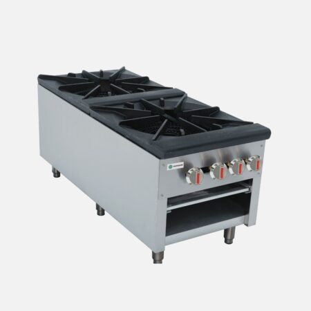 Hurakan HKN-XRFSG18-2A double-burner Gas Stock Pot Range with 170,000 BTU output and stainless steel construction.