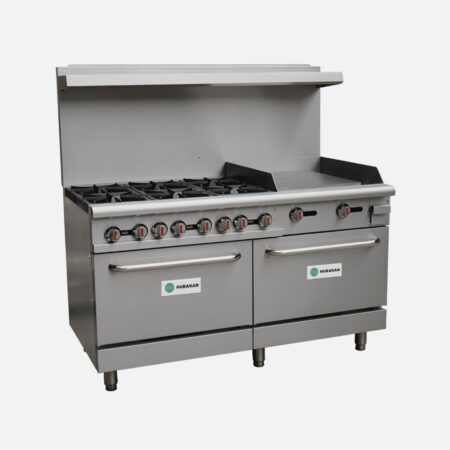 Hurakan XRFG Series Gas Ranges – 24" to 60", featuring 4 to 10 burners, griddle and oven options, stainless construction, and propane conversion capability.