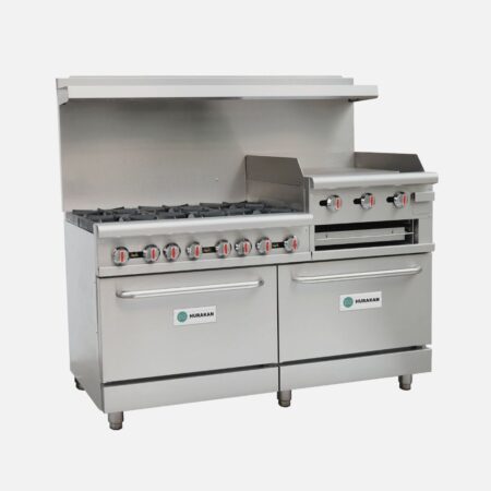 Hurakan HKN-XRFG60O6GB24A 60-inch Gas Range with six burners, 24" griddle, broiler, and two ovens for maximum flexibility.