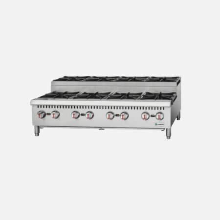 Hurakan HKN-XRCG48-8A 48-inch Gas Hot Plate with eight 25,000 BTU burners, manual controls, and stainless-steel body for commercial use.