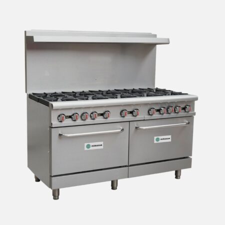 Hurakan HKN-XRFG60O10A 60-inch Gas Range with ten 30,000 BTU open burners and two 31,000 BTU ovens, stainless steel body, and heavy-duty grates.