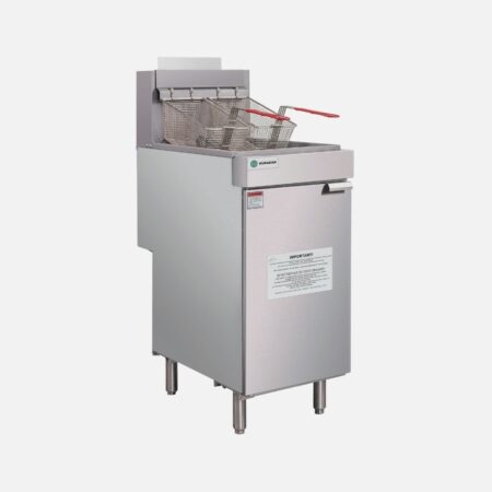 Hurakan HKN-FXF50A 50-lb Gas Fryer with four tube burners and stainless cabinet.