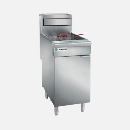 Hurakan HKN-FXF40A 40-lb Gas Fryer with three tube burners and stainless-steel cabinet.