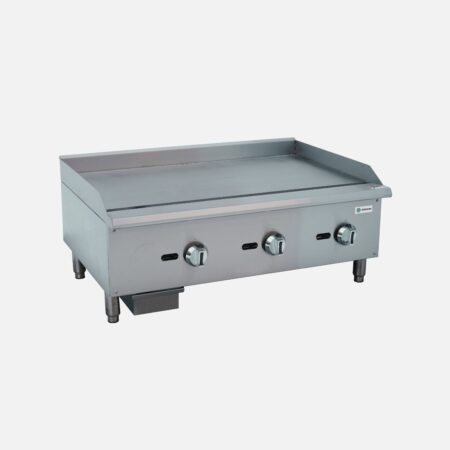 Hurakan HKN-PSXGL36A 36-inch Gas Griddle with three U-shaped 30,000 BTU burners and ¾-inch steel plate.